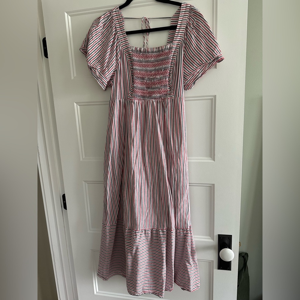 Old Navy Pink and White Striped Smocked Midi Dress